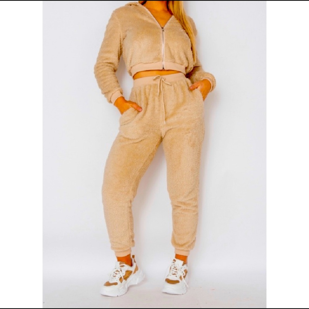 NWT-Camel Teddy Crop Hoodie & Jogger Lounge Set